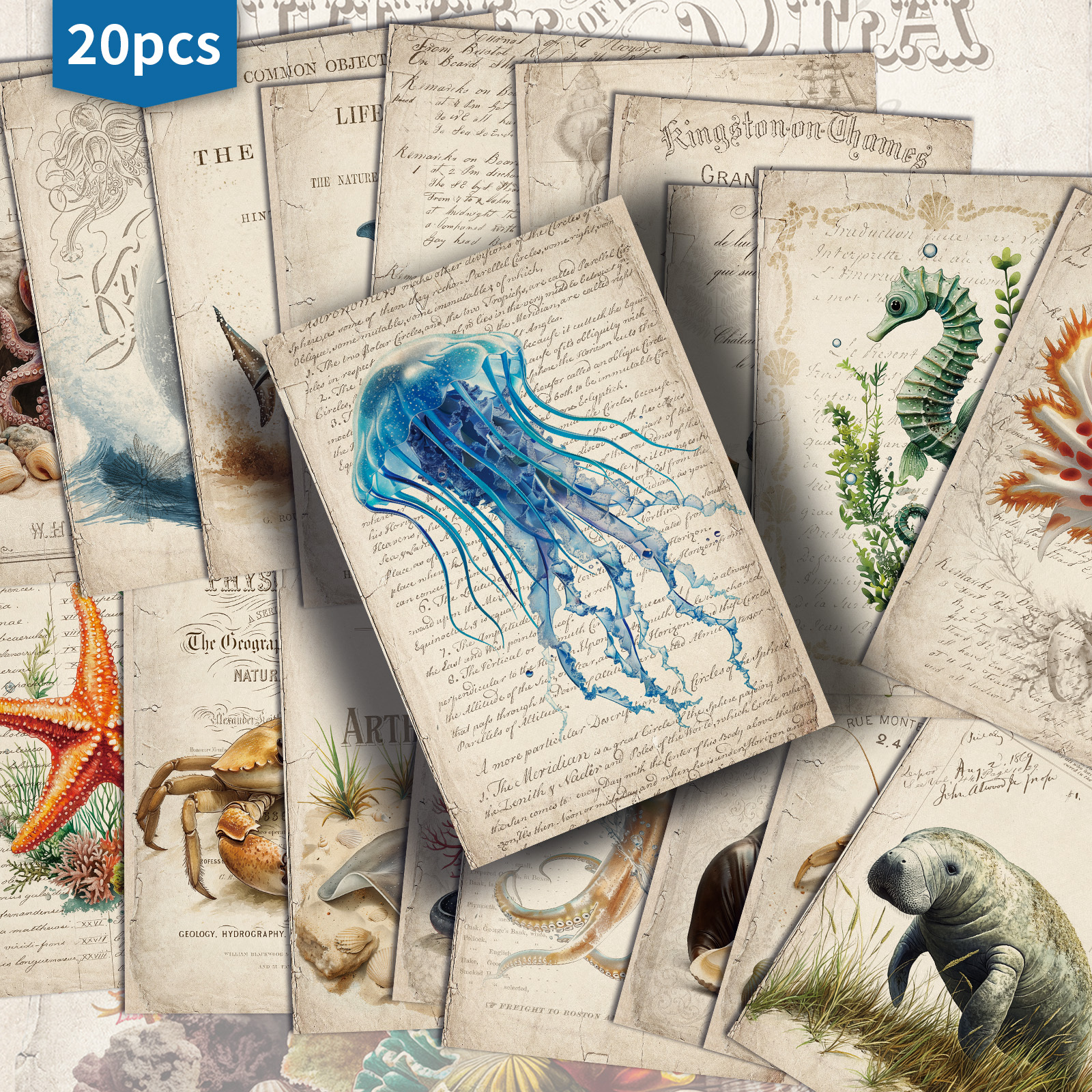 20-pack Vintage Sea Animals Postcards - 4x6 Inches Retro Junk Journal Paper, Classic Pinup Illustrations, Collectible Decorative Painting Cards For Scrapbooking And Crafting