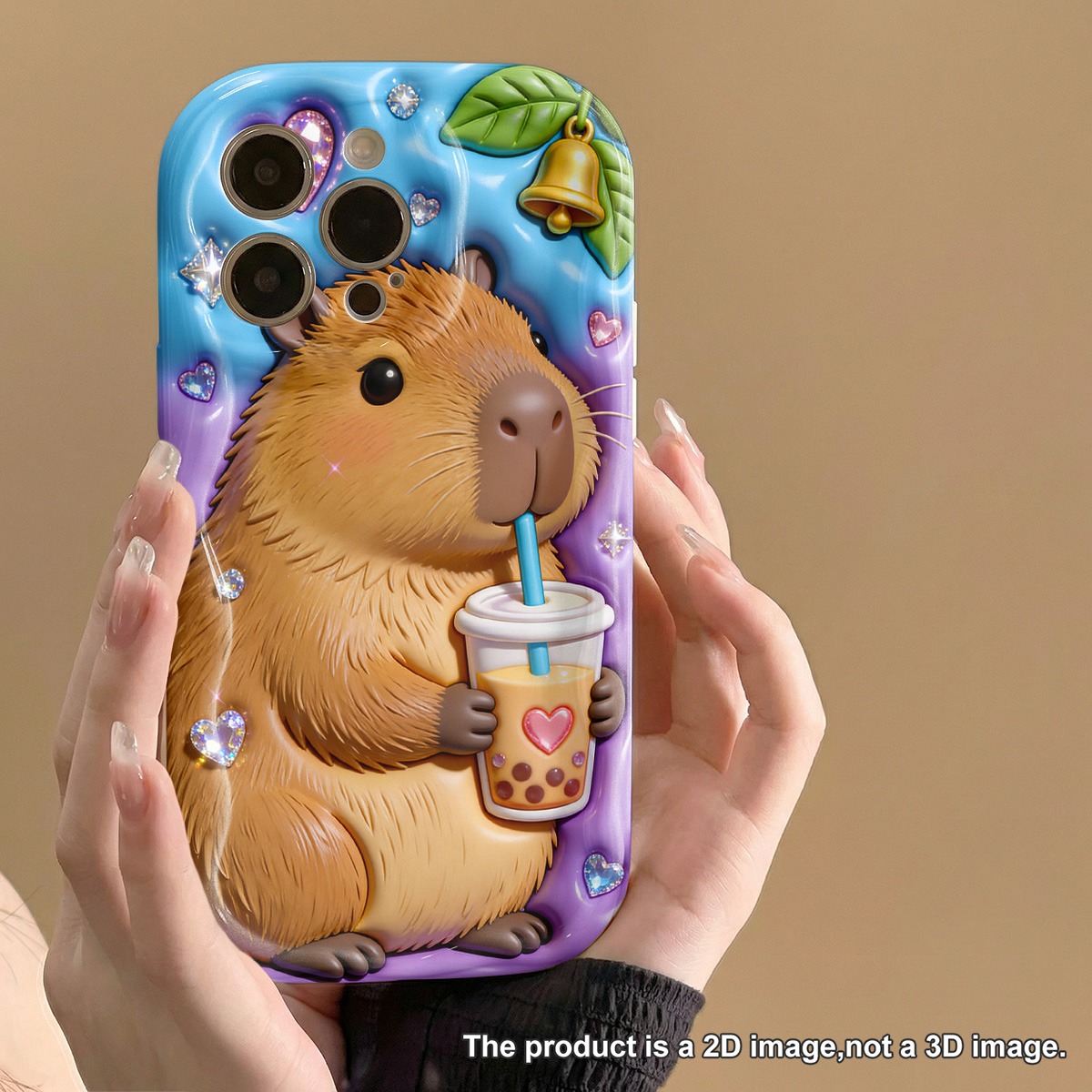 Image of Phone Case: Phone Case - 2d Flat Protection, Anti-fall And Scratch-resistant Phone Case, Cute Capybara Drinking Pearl Milk Tea With Heart-shaped Gemstone Pattern Phone Case, 2d Flat
