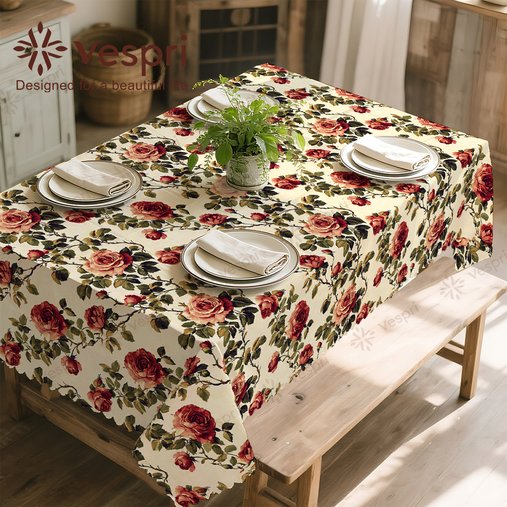 TEMU Floral Tablecloth, Yellow Red Decor, Green Leaves Roses, Rustic Country Style, Home Decor, Oval Shape, For Spring Summer Dining Party Festival