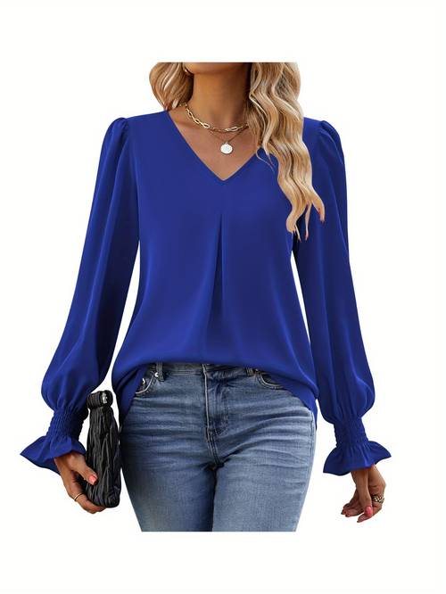 womens vibrant pink long sleeve v neck chiffon blouse elegant casual dressy top with pleated detailing soft breathable for work or weekend attire smocked ruffle cuffs