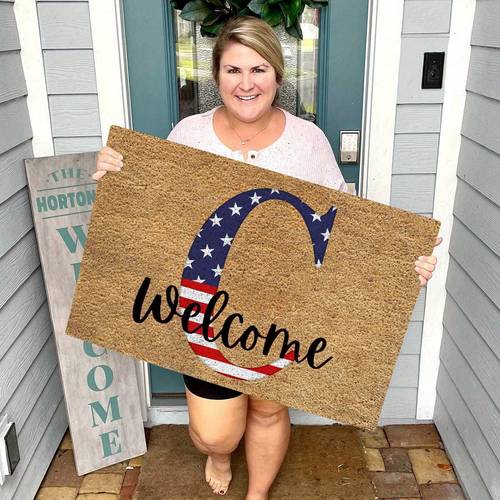 2D Flat Monogram American Flag Welcome Doormat, Non-Woven Fabric And Non-Slip Rubber Back Entry Rug, Initial Letter Pattern Front Door Mat, Easy Clean Porch Mat, And Celebrations