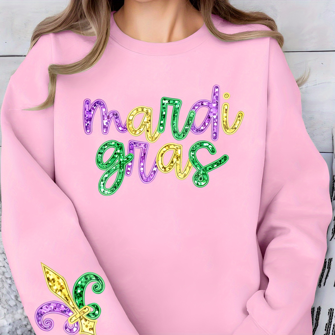 

Women's Casual Crew Neck Sweatshirt, Soft Knit Polyester Pullover With Mardi Gras Alphabet Pattern, Fashion Hoodie For All