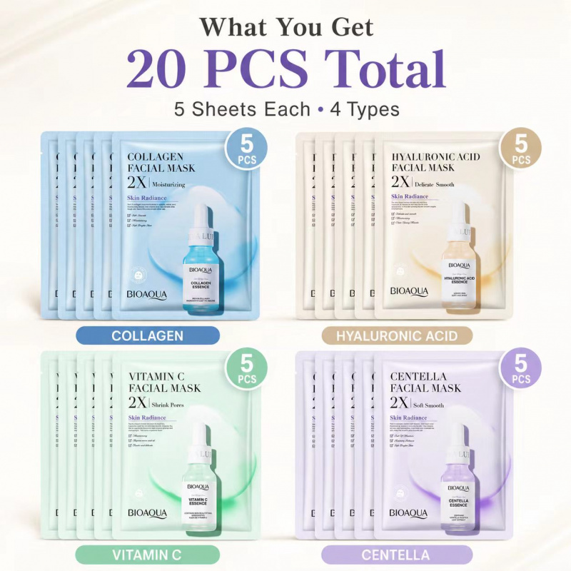 TEMU 20pcs Facial Sheet Mask Set, 4 Types Hyaluronic Acid Vitamin C Collagen Centella Face Masks, Moisturizing Hydrating Brightening Skin Care Masks