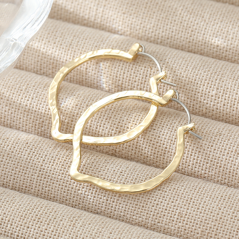 Women's Plated Hammered Leaf Hoop Earrings, Minimalist Style