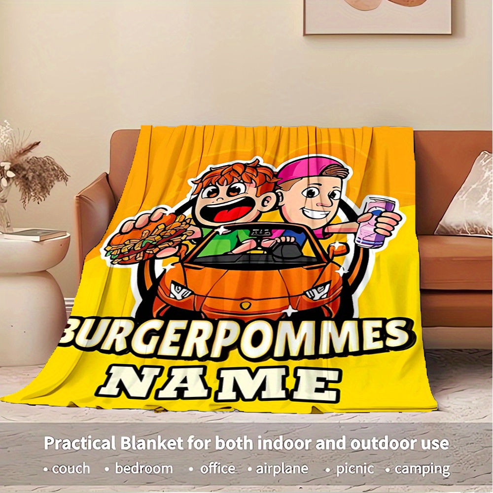 Customized Name Flannel Blanket, Burger, Pommes, Drivepattern Printed Blanket, Sofa Bed Sofa Car Office Camping Travel Warm And Comfortable Soft Blanket, Gift Blanket0522048