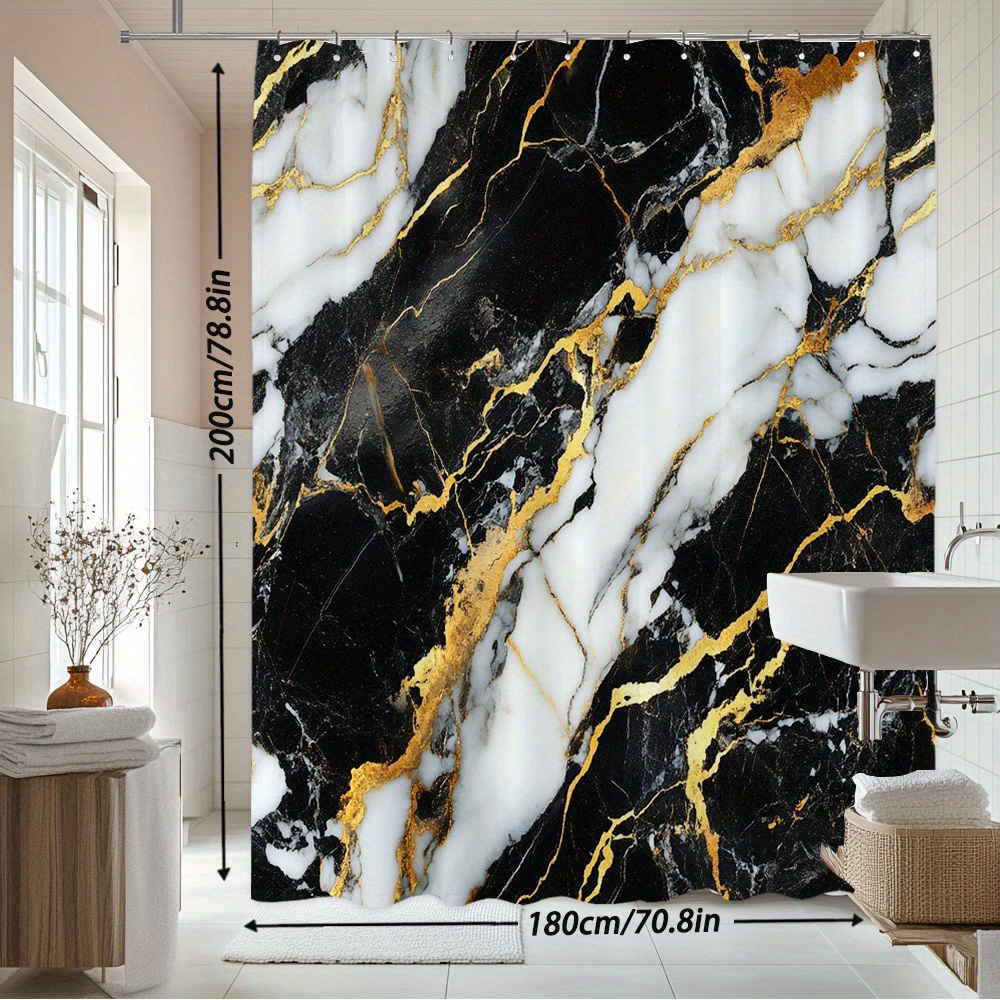 TEMU 1pc Black White Shower Curtain Elegant Bath Curtain Bathroom Decor With Patterns Decoration Curtain Bathroom Curtains For Bathtub Decor