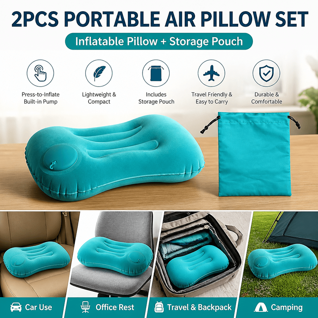 TEMU 2pcs Portable Air Pillow Set, 1pc Inflatable Press-to-inflate Pillow And 1pc Storage Pouch, Compact Lightweight Rest Cushion With Built-in Hand