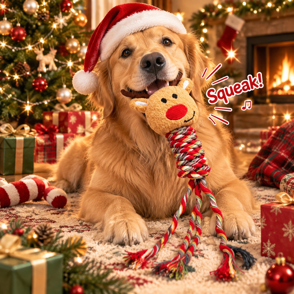 TEMU Jouet à mâcher pour chien de criarde de Noël, corde tressée multicolore avec tête de en peluche avec coussinets, jouet interactif durable pour