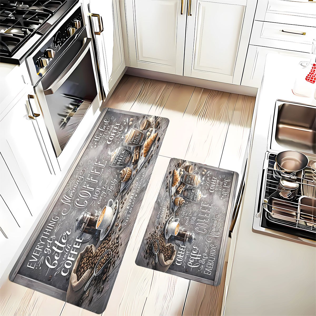 TEMU 2pcs Coffee Kitchen Mat Set, Kitchen Mat Set, Mat Set, Suitable For Kitchen, Laundry Room, Entrance, Living Room. Dining Room, Kitchen