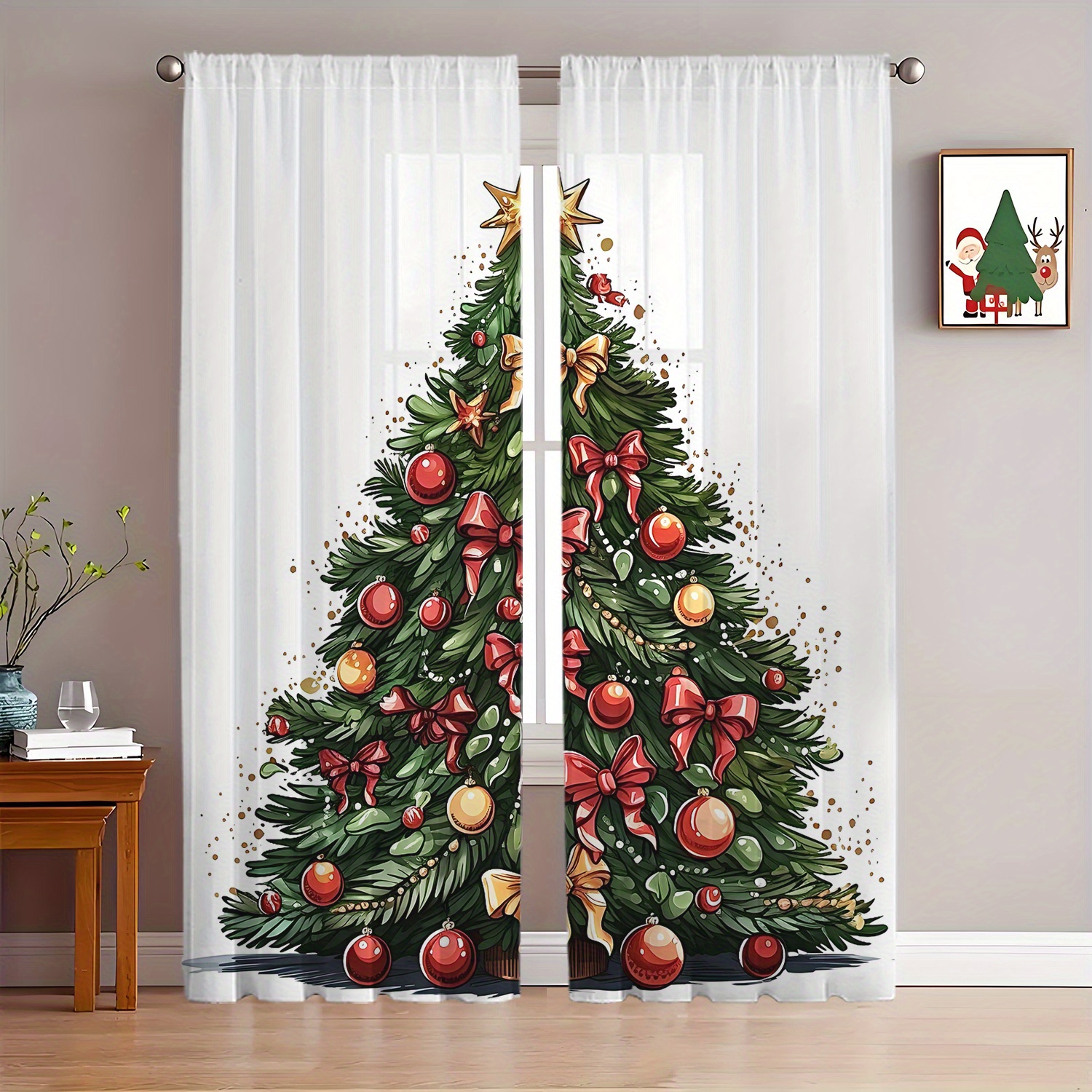 TEMU 2pcs Christmas Tree Themed Sheer Window Curtains - Decorative Holiday Drapes With Ornaments, Bows & Stars - Festive Xmas Home Decor For Seasonal