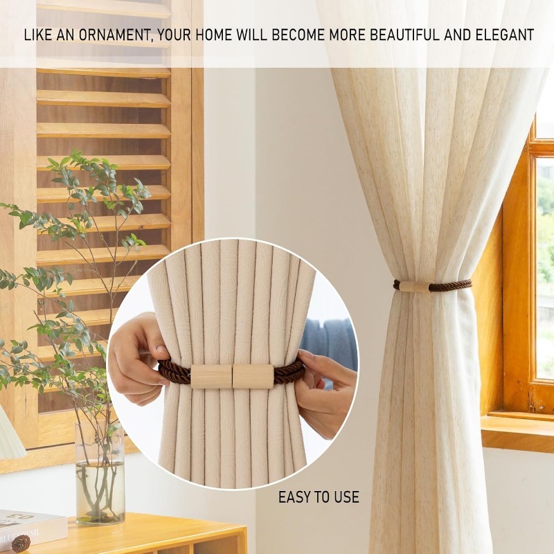 Magnetic Curtain Tiebacks 2-Pack Beige - Rustic Rope Window Holdbacks For Home Decor