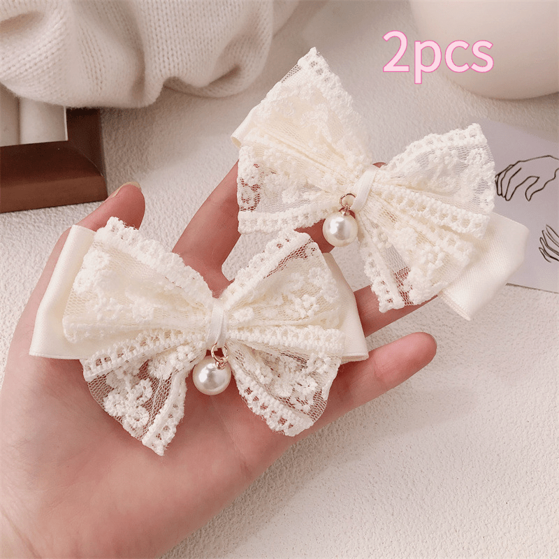 Image of 2pcs White Lace Hair Clips And Headbands, Hoop, Exquisite Floral Embroidery Versatile Styling Hair Accessories, Valentine's Day Atmosphere Bangs Decoration