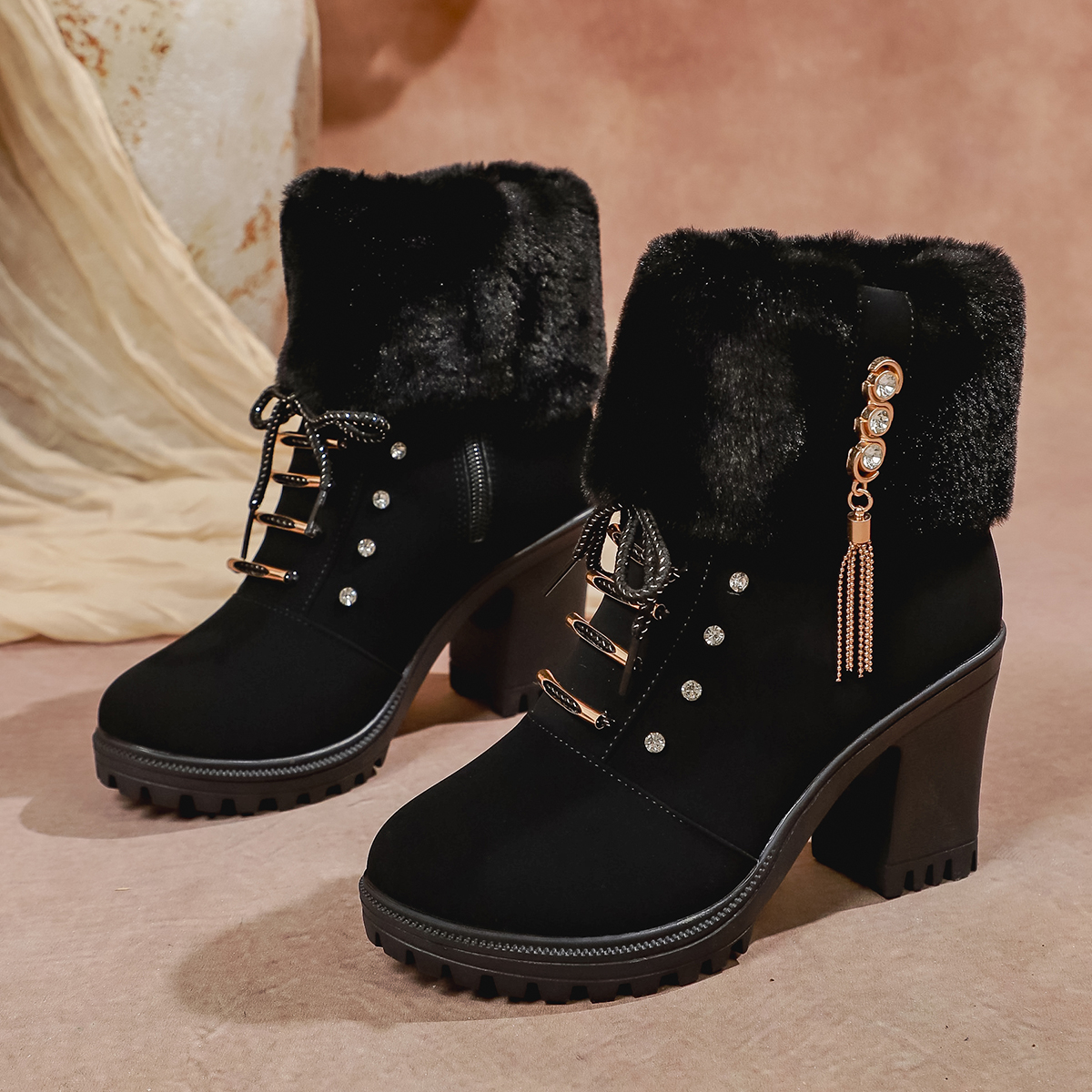 TEMU Women's Furry Lapel High Heel Snow Ankle Boots With Chunky Heel, High Quality Platform, Lace-up, And Rhinestone Decoration For Autumn/, Women