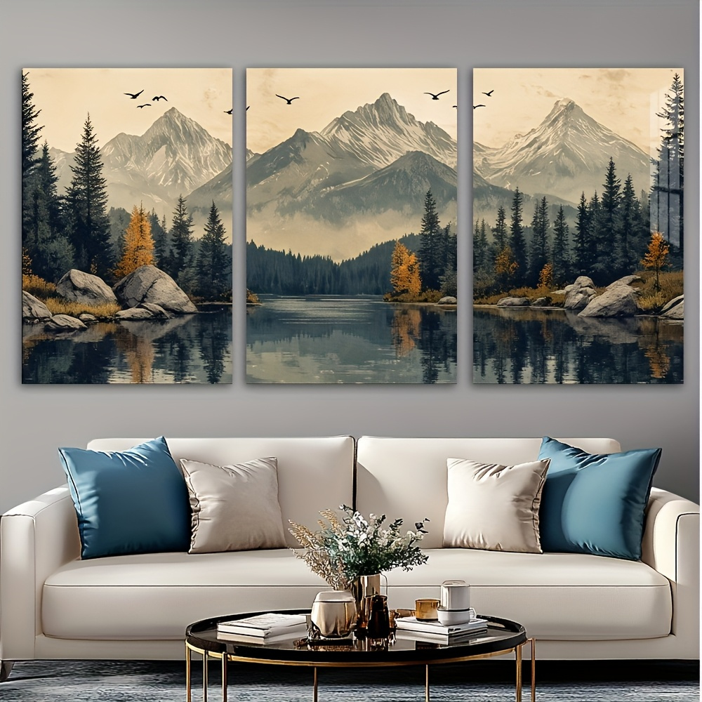 TEMU 2D Plat, 2D Plat, C'est un ensemble de trois œuvres d'art sur toile encadrées représentant une représentation créative d'un paysage de montagne