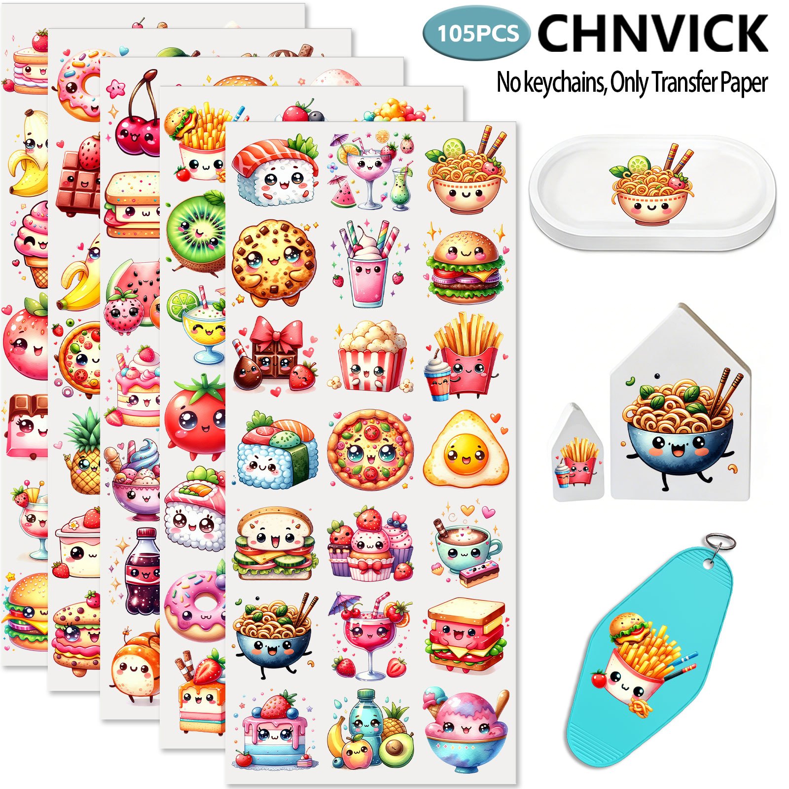 TEMU Lot de 105 UV DTF à appliquer motif nourriture kawaii style pour porte-clés, , haute pour étuis de téléphone et scrapbooking, décoratifs