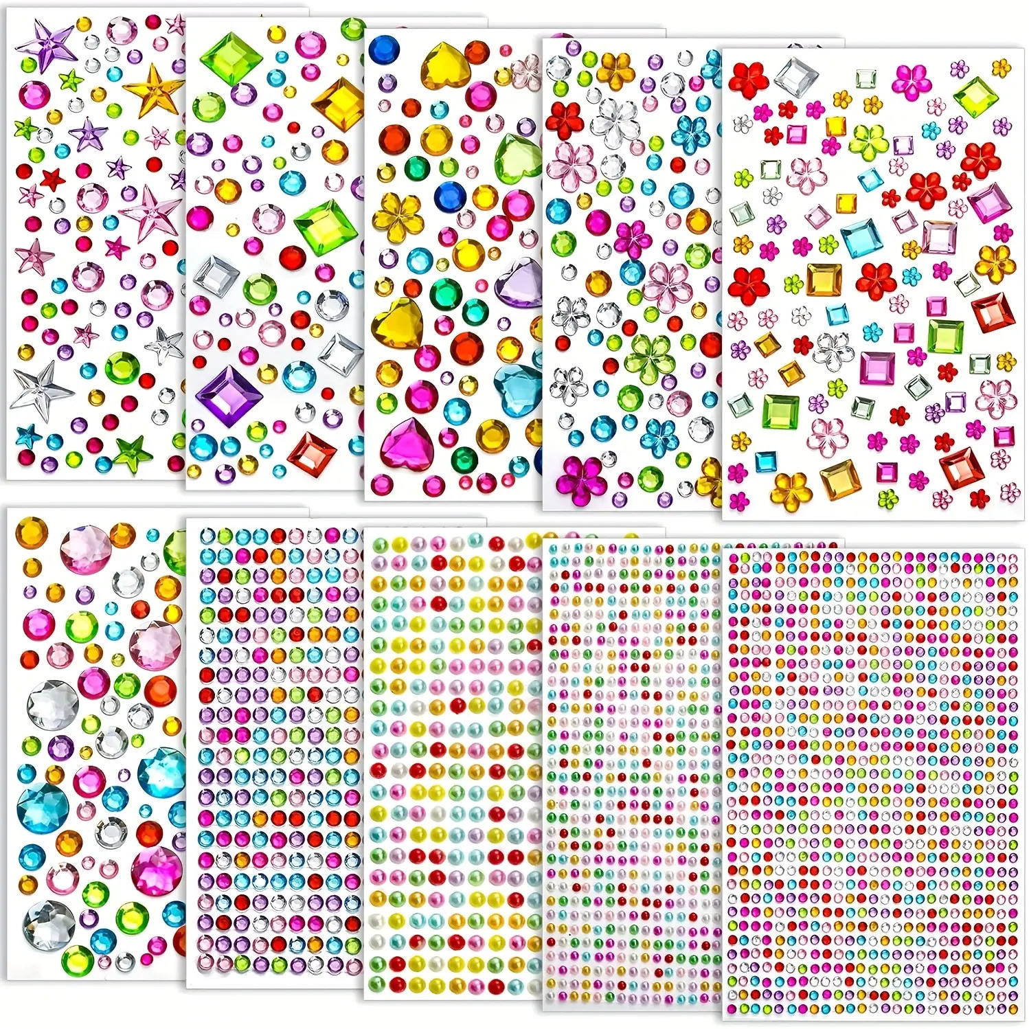 E-shop 3200 Stück selbstklebende Edelstein-Aufkleber, 10 Bögen glänzende Schmuckaufkleber, geeignet für Bastelarbeiten, Nagelkunst, Handyhüllen,