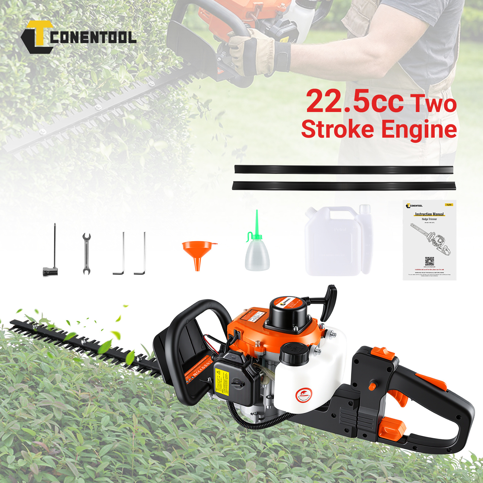 22.5cc Two-stroke Petrol Hedge Trimmer - Conentool Hedge Trimmer | 6.5kg, 750w, No | Suitable For Outdoor Landscaping, Gardening And Farms | An For Summer Trimming No Gloves