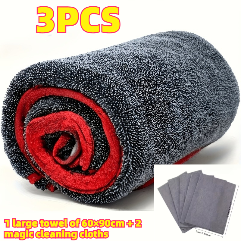 TEMU 3pcs Xxl Microfiber Car Cleaning Towel Set, 23.62x35.43 Inches | (1 Large Towel   2 Magic Cleaning Cloths) Extra-large Size, Super Absorbent,