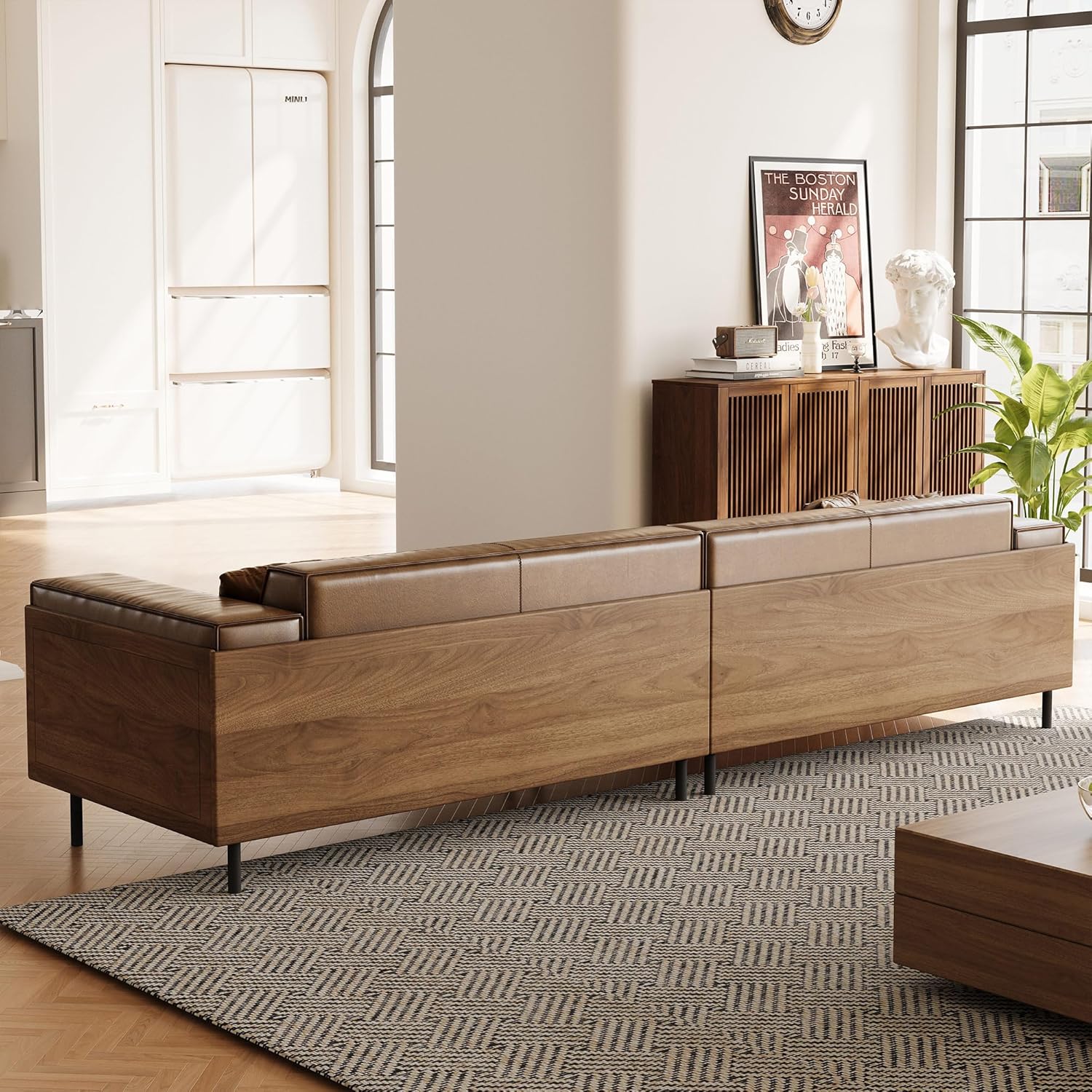 the nesscarsti elegant three seater leather sofa features a walnut wood frame and black metal legs combining     Product details 1