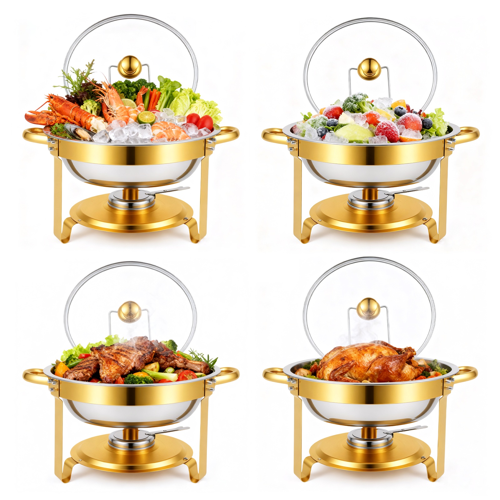 Image of 2/4 Pack Round Half Gold Plated 6qt Stainless Steel Chafing Dish With Stainless Steel Lid, Buffet Warmer Set, Cooking, For Home Gatherings, Christmas Parties, Catering Events