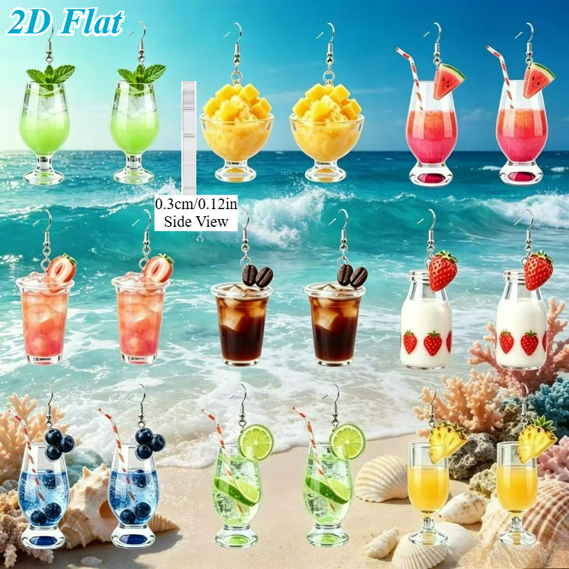 TEMU 2d Flat, 9 Pairs (for) Strawberry Lemon Earrings - Lightweight Acrylic Print Suitable For Daily Wear & Parties, Gifts, Teacher' Day Accessories