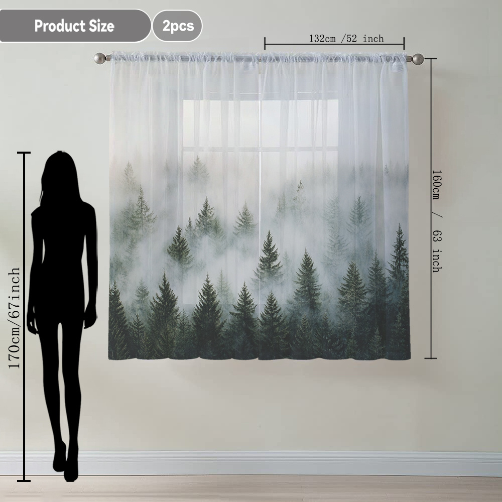 TEMU 2pcs Misty Natural Scenery Printed Home Decor Sheer Curtains, Modern Artistic Style Flowing Window Drapes Suitable For Kitchen, Café, Dining