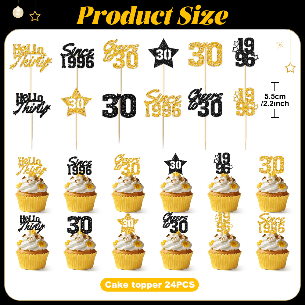 Image of 30th Birthday Cake Topper, 30th Birthday Party Supplies For Men, 24/48pcs 30th Birthday Decorations For 30th Birthday Party Celebration,halloween, Christmas