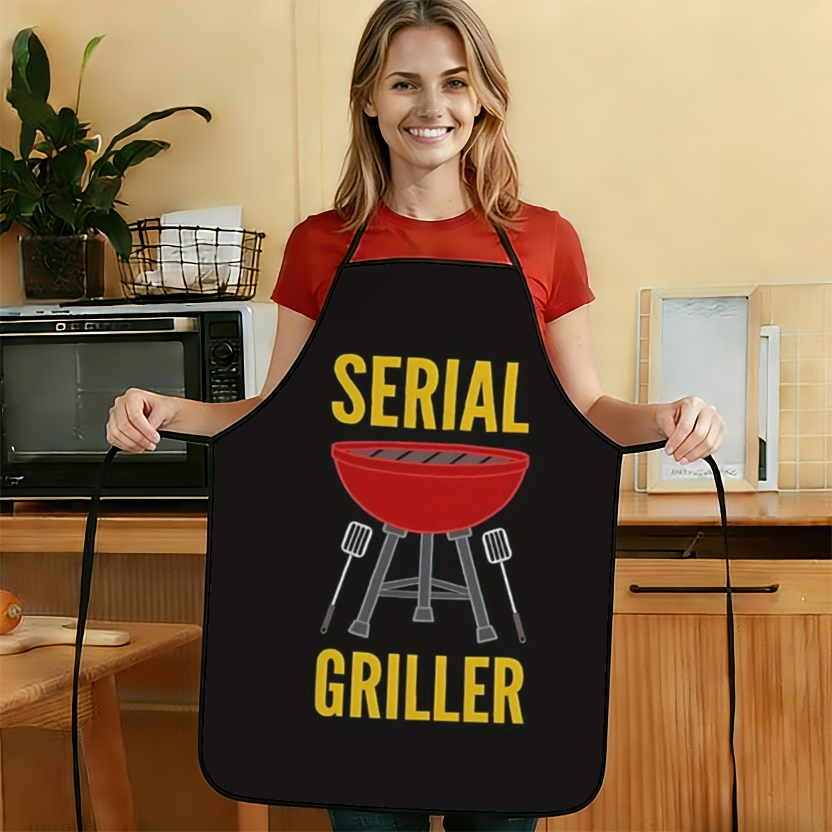 TEMU 1pc Skewer Bbq Grill Apron, Printed Pattern Apron, Durable And Easy To Clean, Adjustable Waistband, Polyester Material, Unisex Cooking Apron,