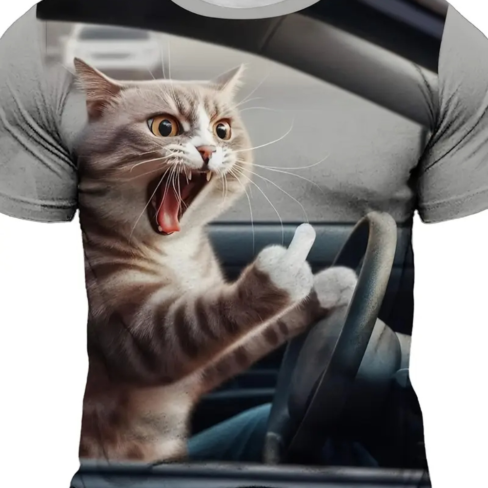 

Men's Funny Driving Cat Print T-shirt - Casual Black Polyester Tee With Cool 3d Print - For Him Or Her Round Neck Short Sleeve T-shirt Shirts Funny Gift T-shirt