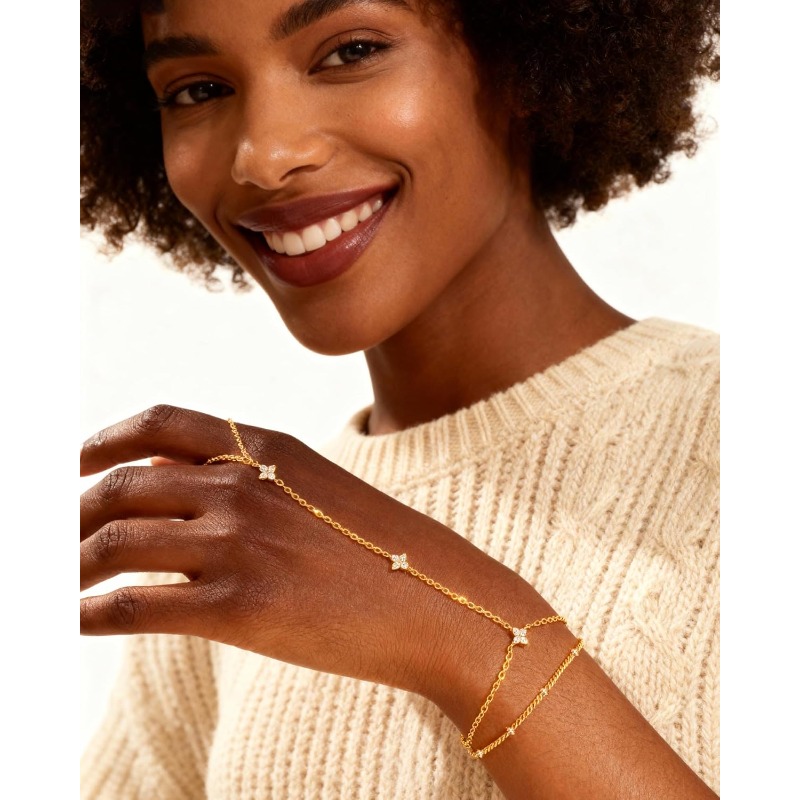 Image of 2pcs/ Set Golden Hand Chain, Dainty Adjustable Golden Plated Ring Hand Chain Bracelet For Women, Boho Non Tarnish Jewelry Set For Party Wedding Layered Bracelets For Women For Christmas Gift