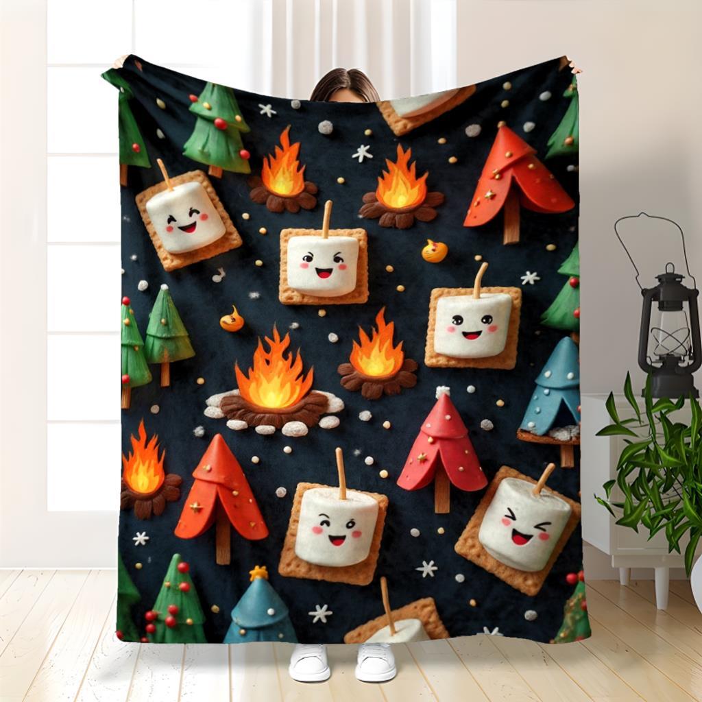 TEMU 1pc Flannel Throw Blanket | Twin Size Cozy Blanket With Smores Print, Tent Fire Pit & Marshmallow Design - Gift, Durable Polyester Fabric,