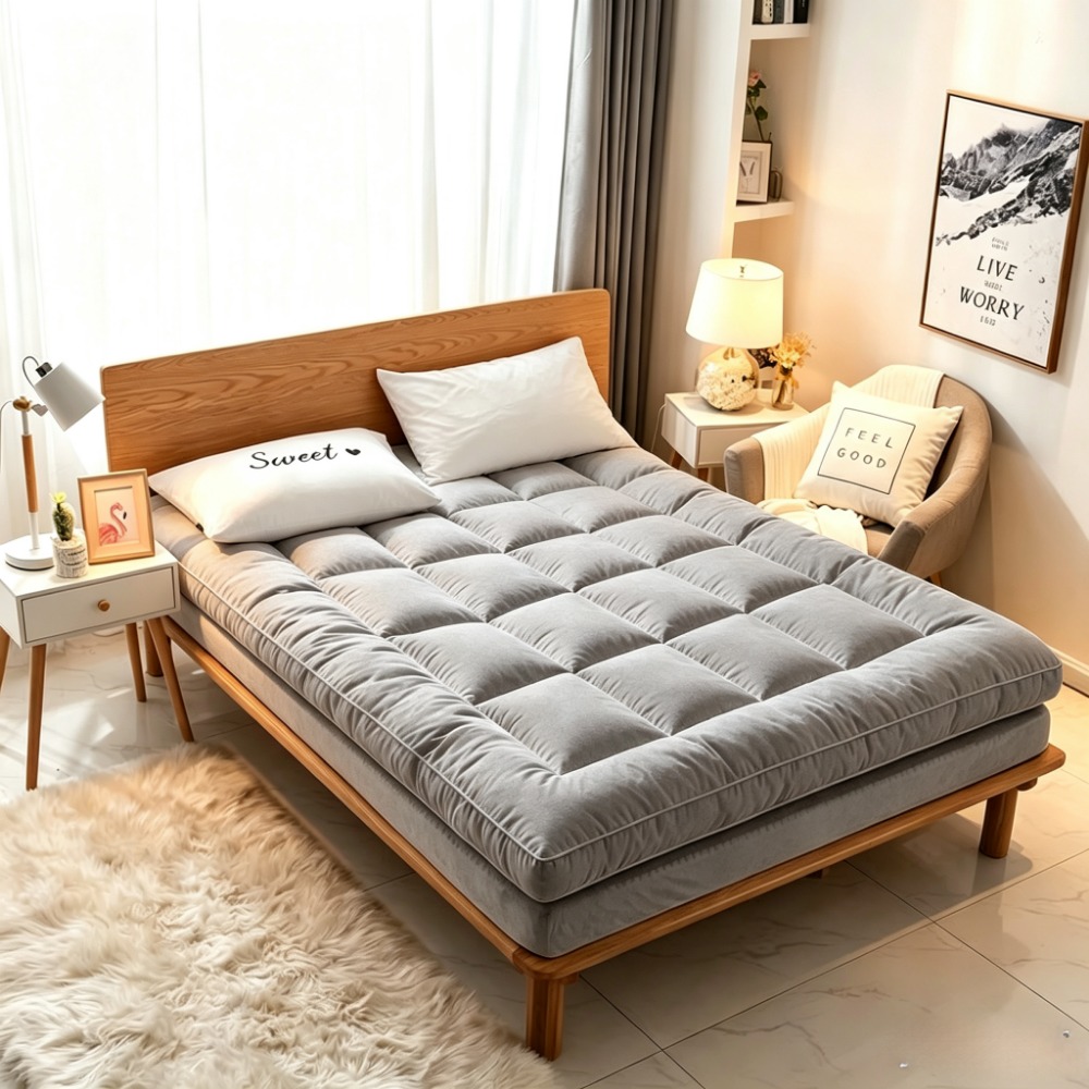 Image of 5cm High Density Filling Mattress Protector Quilted Breathable Microfiber Bed Mattress Pad Anti-slip Corner Straps Machine Washable Bed Mattress Topper For Bedroom