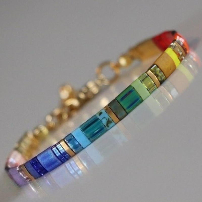TEMU Multicolor Flat Glass Beaded Bracelet Adjustable Minimalist Jewelry