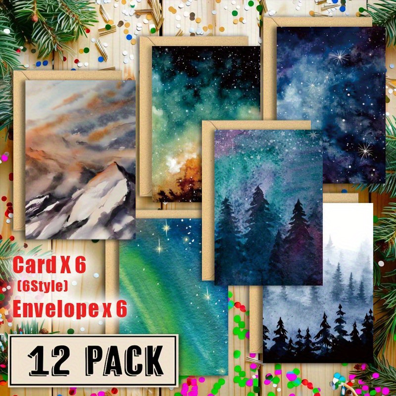 

12-pack Starry Night Greeting Cards With Envelopes - Watercolor Designs, Bulk Set For Family, Friends, Coworkers - Floor Mount, No Power Required, Paper Material