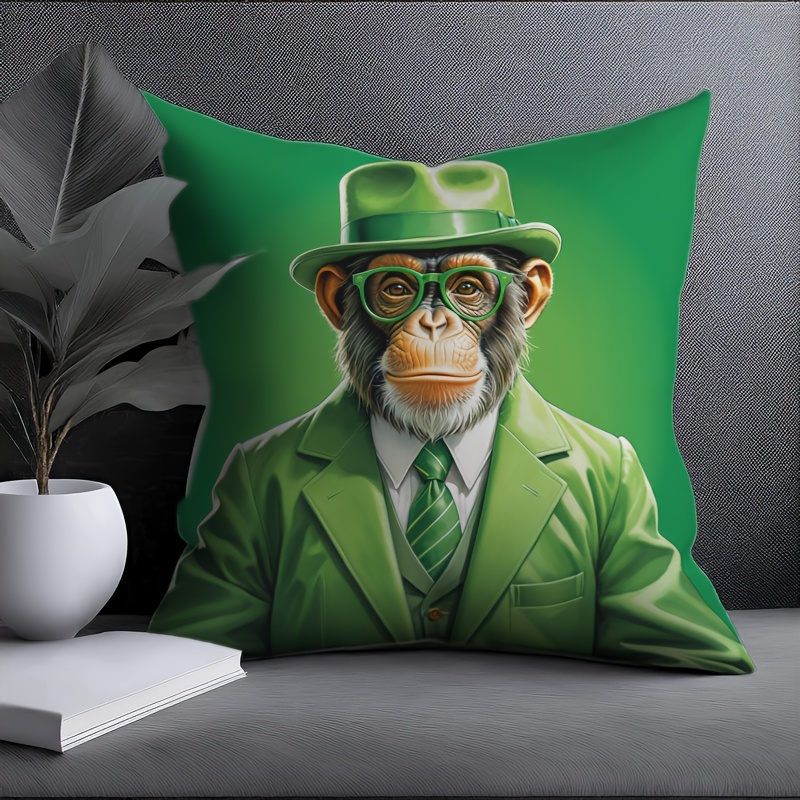 TEMU 1pc Fashionable Green Suit Monkey Pillowcase, Soft And Comfortable Polyester Short Plush Fabric, Single-sided Print, Does Not Include Pillow