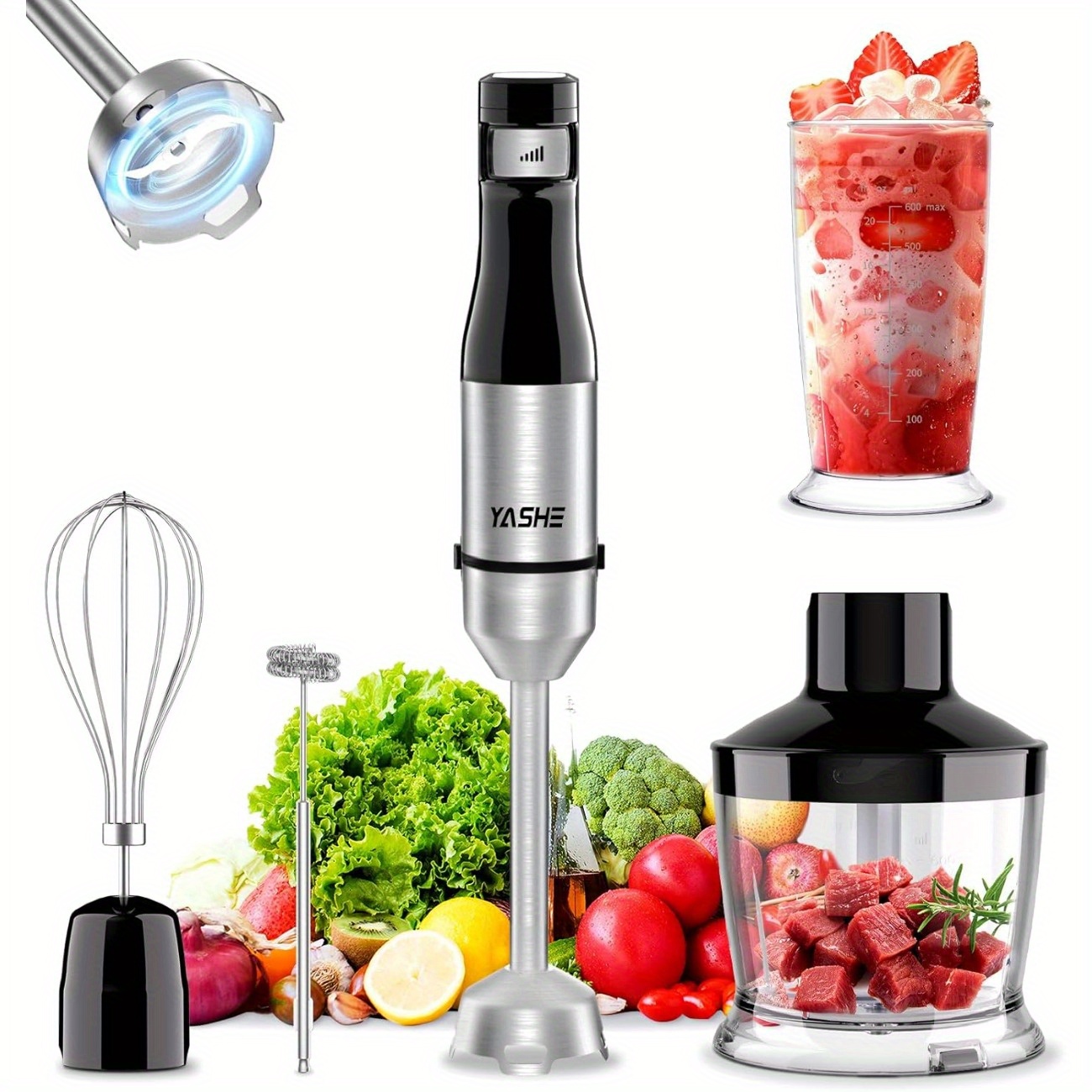 TEMU Hand Blender, Stainless Steel Handheld Blender, 1000w Electirc Blender, Continuously Variable Speed, With Chopper, Whisk And Measuring Cup For