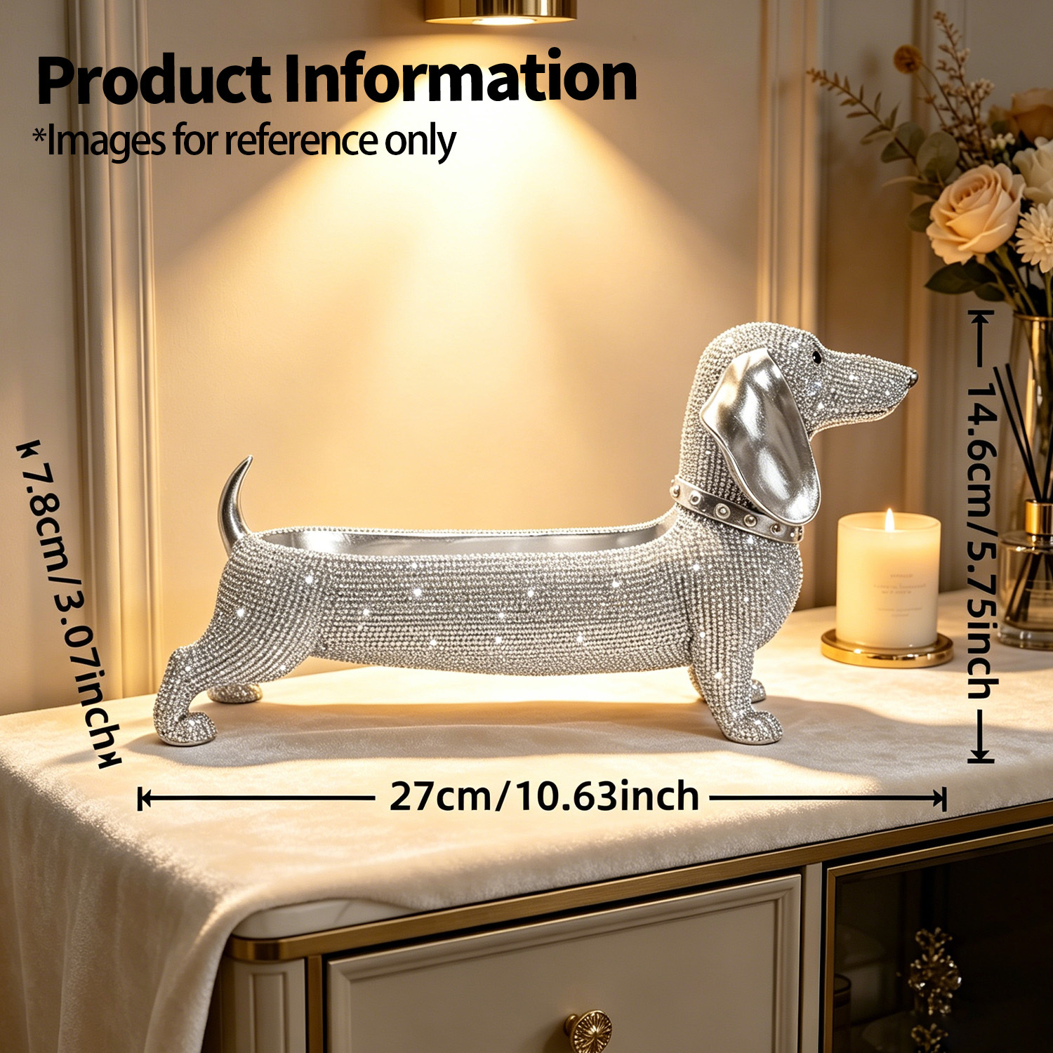 TEMU 1 pieza de estatuilla de almacenamiento de resina de perro salchicha de lujo, escultura de animal con cuentas de pedrería, organizador de