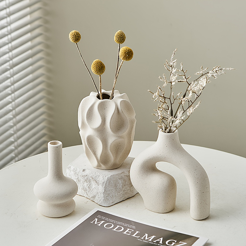 Image of White Ceramic Vase Set Of 3 Nordic Boho Style Pampas Vases For Living Room Bookshelf Entryway