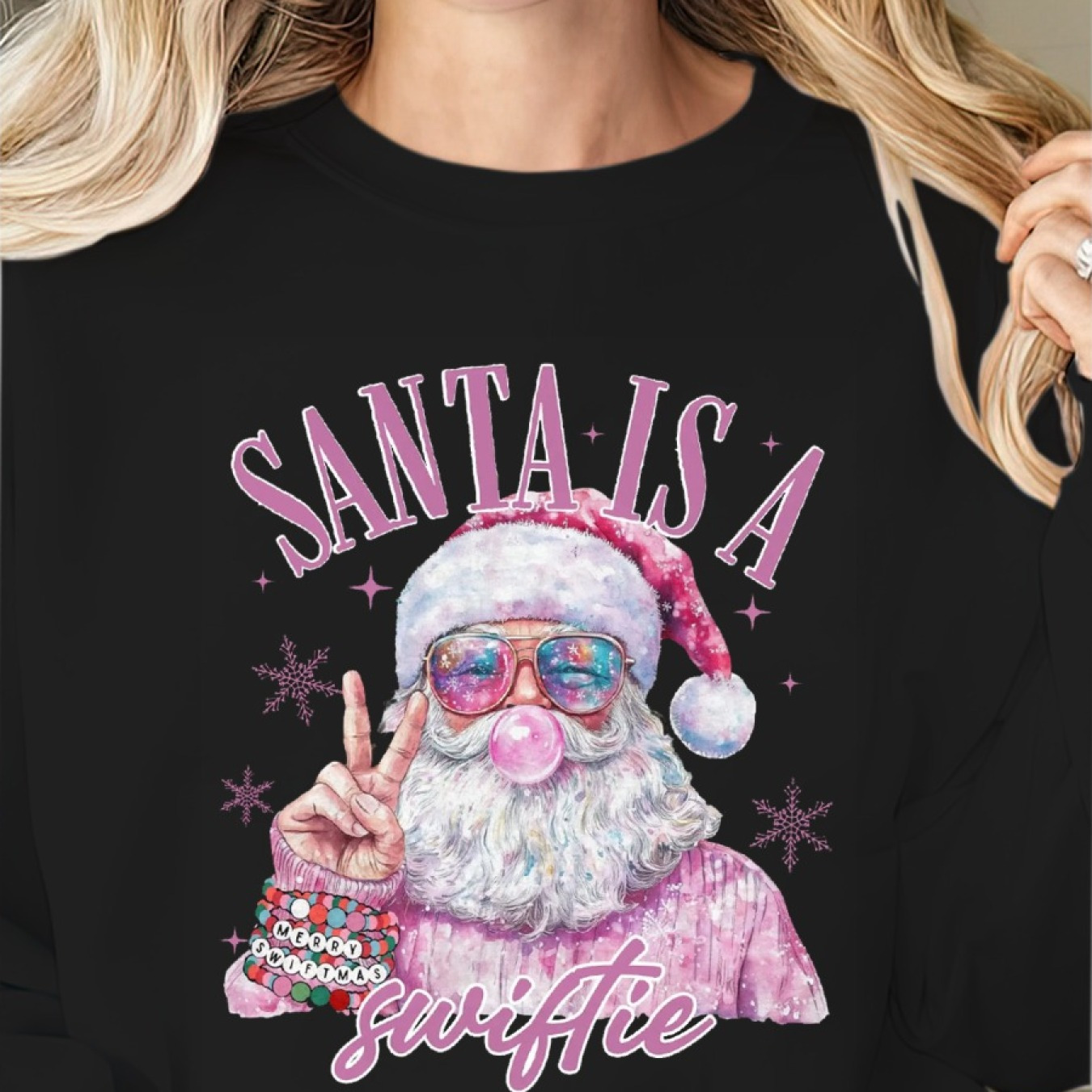 

1pc Women's Cozy Christmas Sweater - Santa Is A Swiftie Graphic, 50% Cotton 50% Polyester, Casual Crew Neck Long Sleeve Pullover, Festive Fall/winter Knit Fabric Top