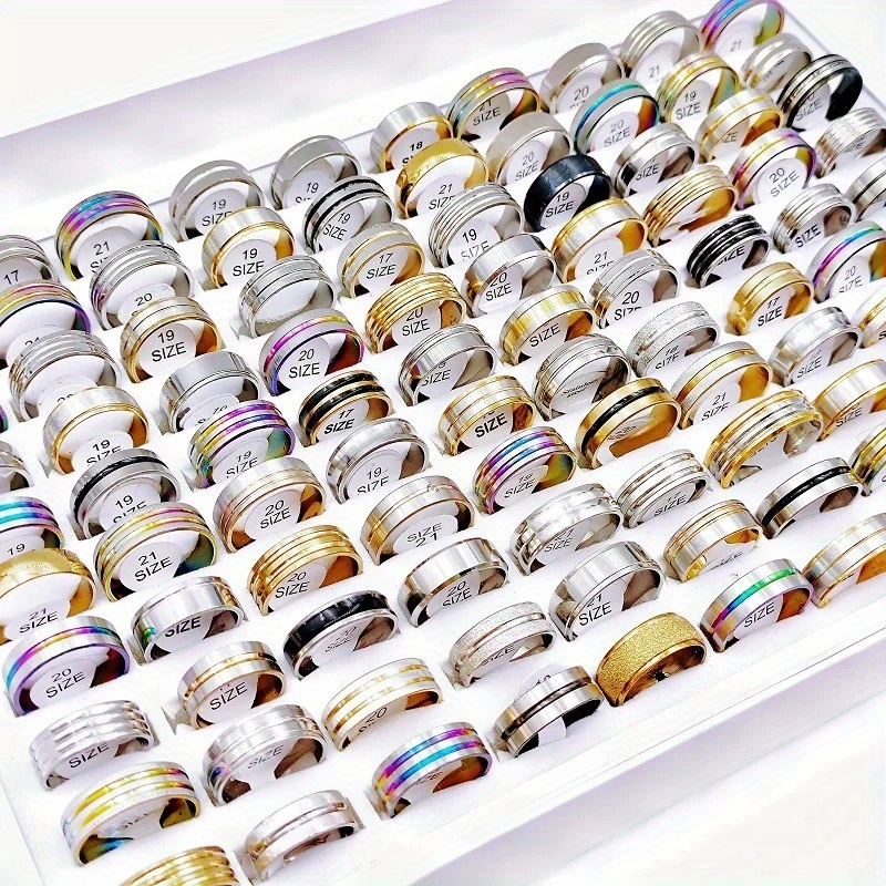 TEMU 10pcs/lot Men's Jewelry Set Stainless Steel Stripe Ring For Men And Women Classic Fashion Mixed Charm Jewelry Rings Accessories Gift Wholesale