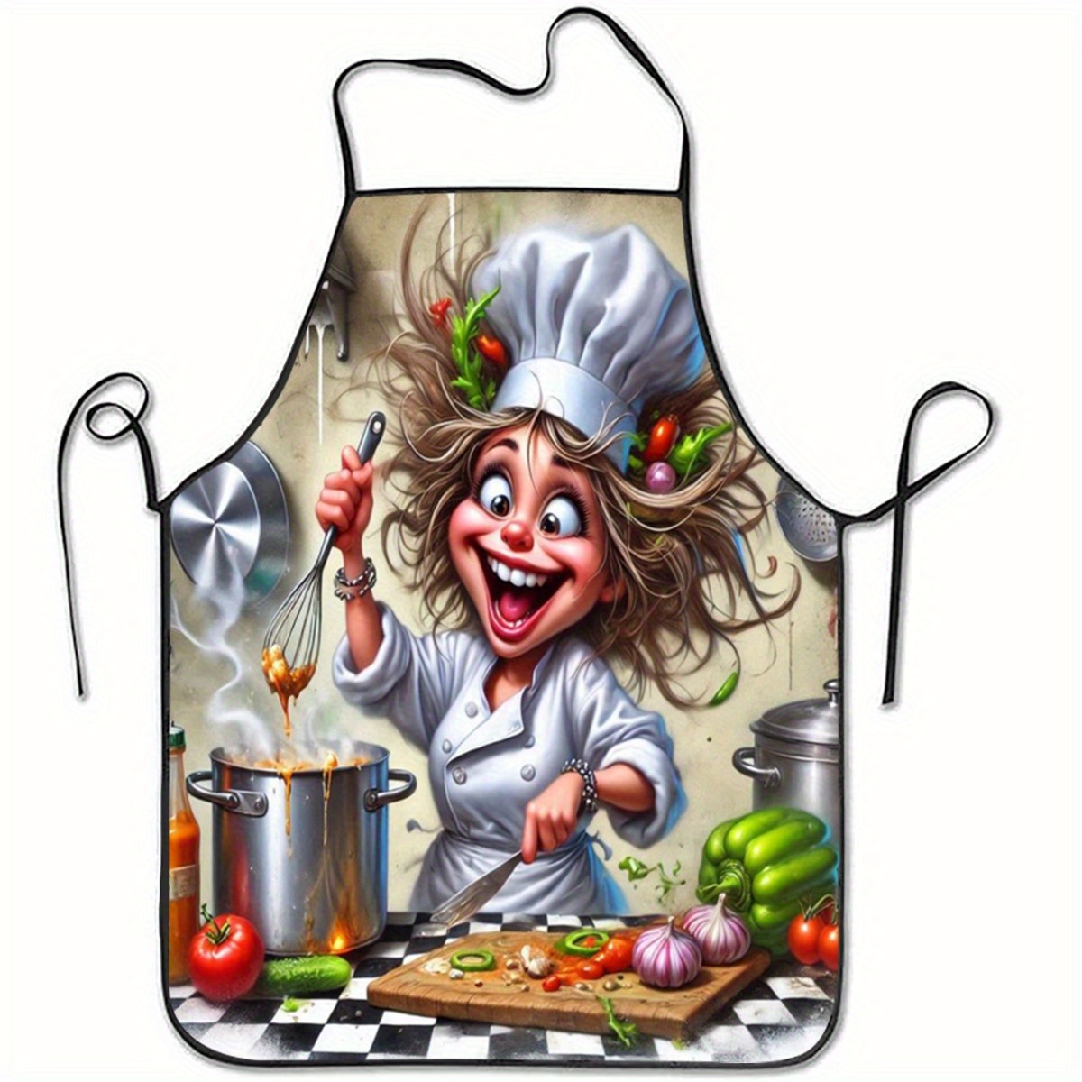 E-shop 1 Stück Niedliche Kochschürze mit Lächelnder Köchin-Druck & Französischem -Design – Polyester-Küchenschürze zum Backen, Kochen, Kaffeekochen &
