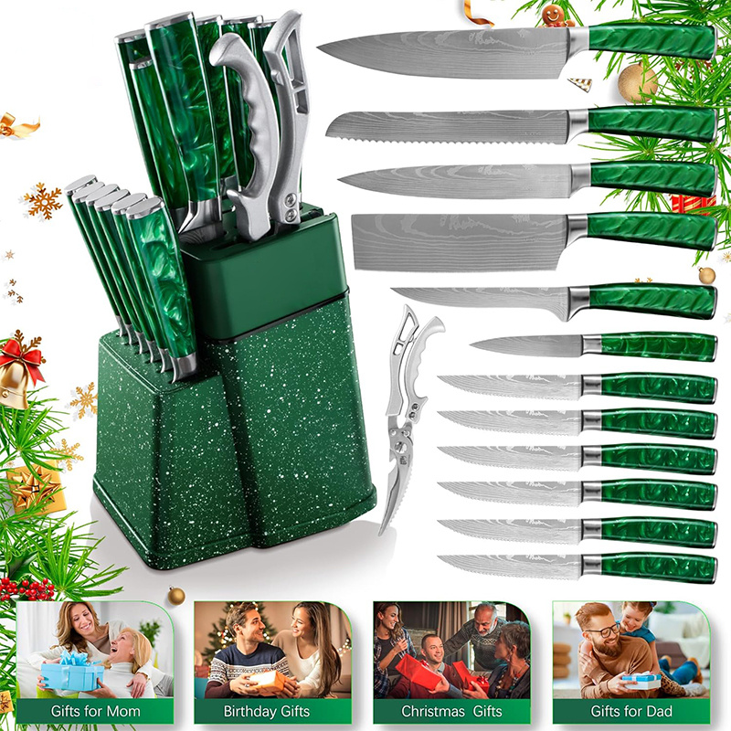 Perfect Gift| Professional 14pcs Chef's Knife Set with a Knife Block| Stainless Steel 15° Sharp Blade for Effortless Cutting; Ergonomic Non-slip Handle for Precise and Effortless Control