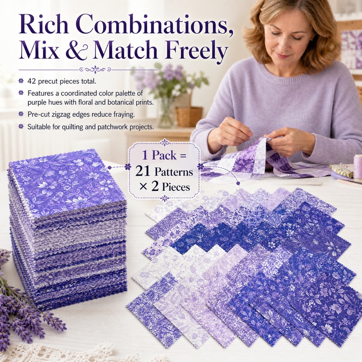 TEMU Purple Themed 42pcs 5x5in Floral Square Pre-cut Quarter Yard Bundle - Hand Washable Polyester Quilt Fabric, Suitable For Sewing, Quilting, And
