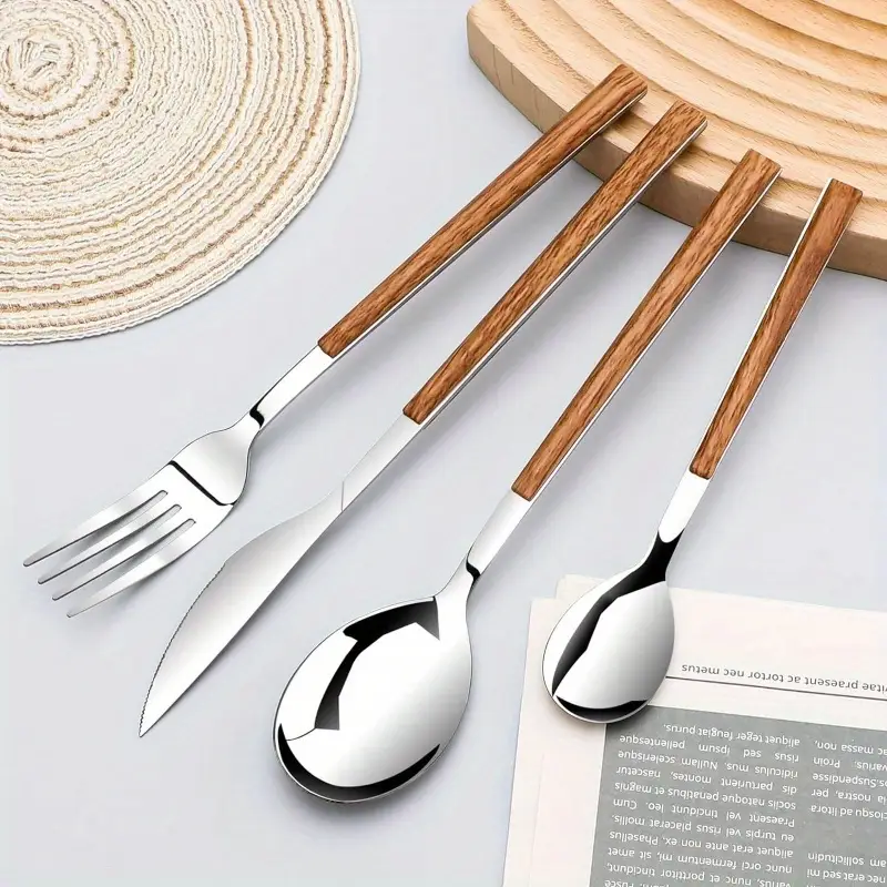 stainless steel flatware set 4 cutlery utensils set with simulated wooden handle knives forks spoons service 4 polished and dishwasher safe silvery stainless steel cutlery set cutlery set stainless steel cutlery portable cutlery set stainless steel cutlery home dining dining essentials stylish utensils elegant cutlery steel rustresistant flatware collection knife set dinner parties outdoor dining Product details 1