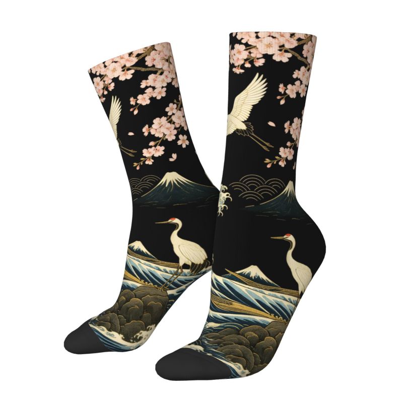 TEMU Japanese -e Socks Suitable For - Great , & Cherry Print, Vintage Black & Golden Unisex Long Socks, Breathable Sweat-absorbent For Daily