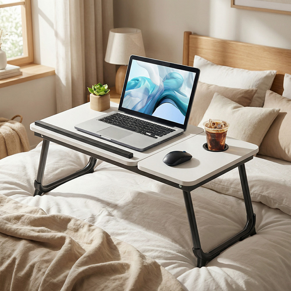 Image of 5-level Height-adjustable Laptop Table - Foldable Bed Table With Tablet Slot And Cup Holder, Ergonomic Laptop Stand For Home Office, Sofa, And Breakfast