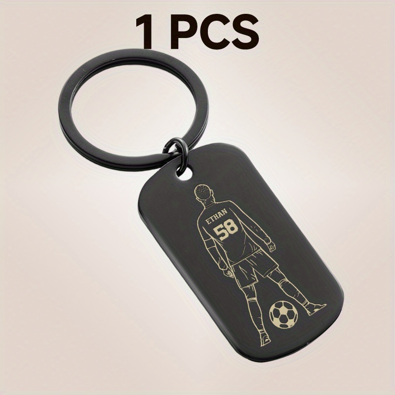 TEMU Personalized Soccer Keychain - Custom Name And Number Engraving, Elegant With Player Silhouette – Durable Gift For Men/dads & Husbands (birthday