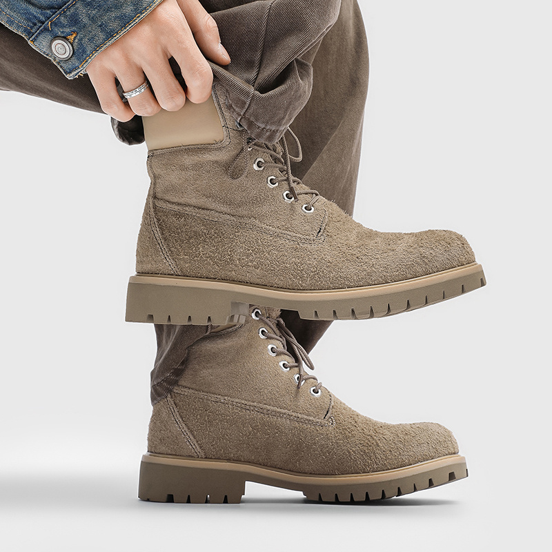 Men's Boots with Thick Sole for Height Increase, Work Boots, Outdoor Hiking Shoes, American High-Top Motorcycle Casual Shoes