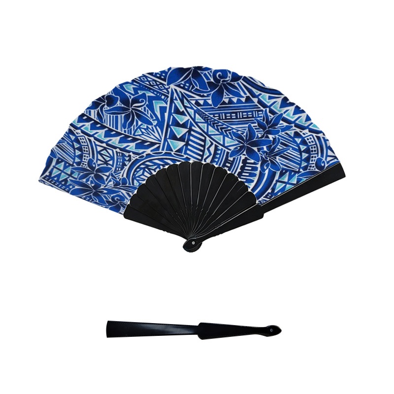 TEMU Blue White Polynesian Plumeria Floral Geometric Print Hand Fan, Plastic Surface & Ribs Style, 1pc Decorative Folding Fan, Ideal For Daily