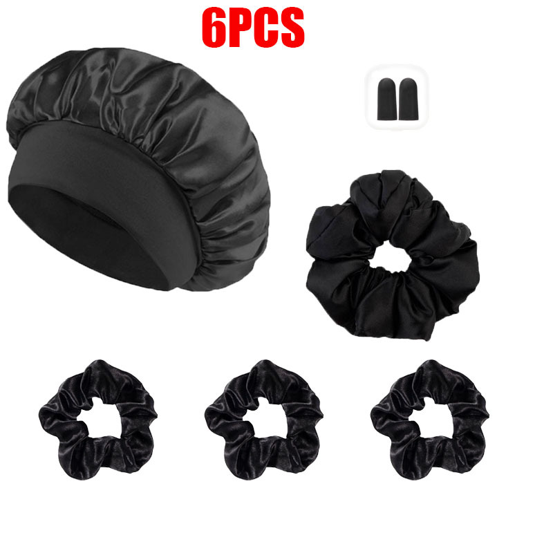 TEMU 6pcs Satin Nightcap Set(includes Products), Women's Wide-brimmed Headband Suitable Curly Hair And Braids